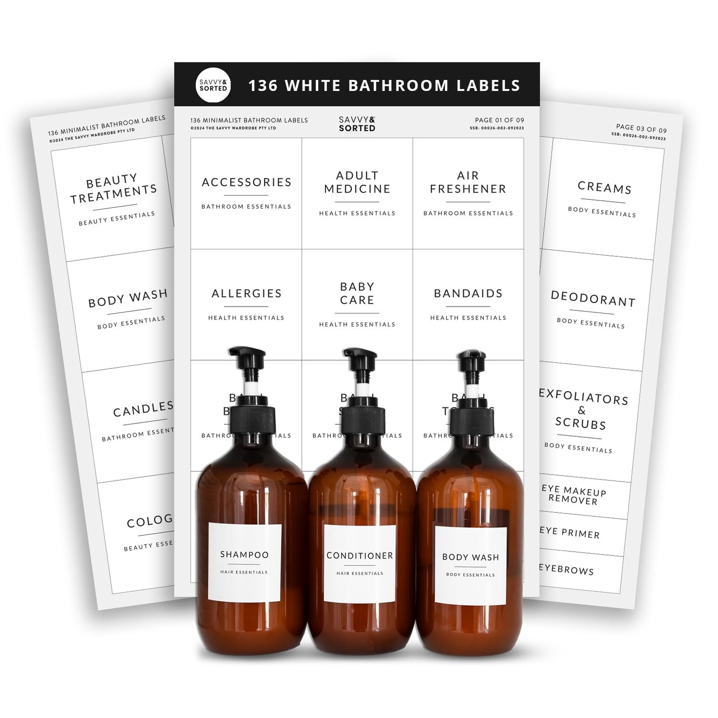 Minimalist Bathroom Labels for Organizing, 136 Preprinted Bath Room and Makeup Organizer Stickers, Waterproof Removable, Soap Shampoo Storage Supplies