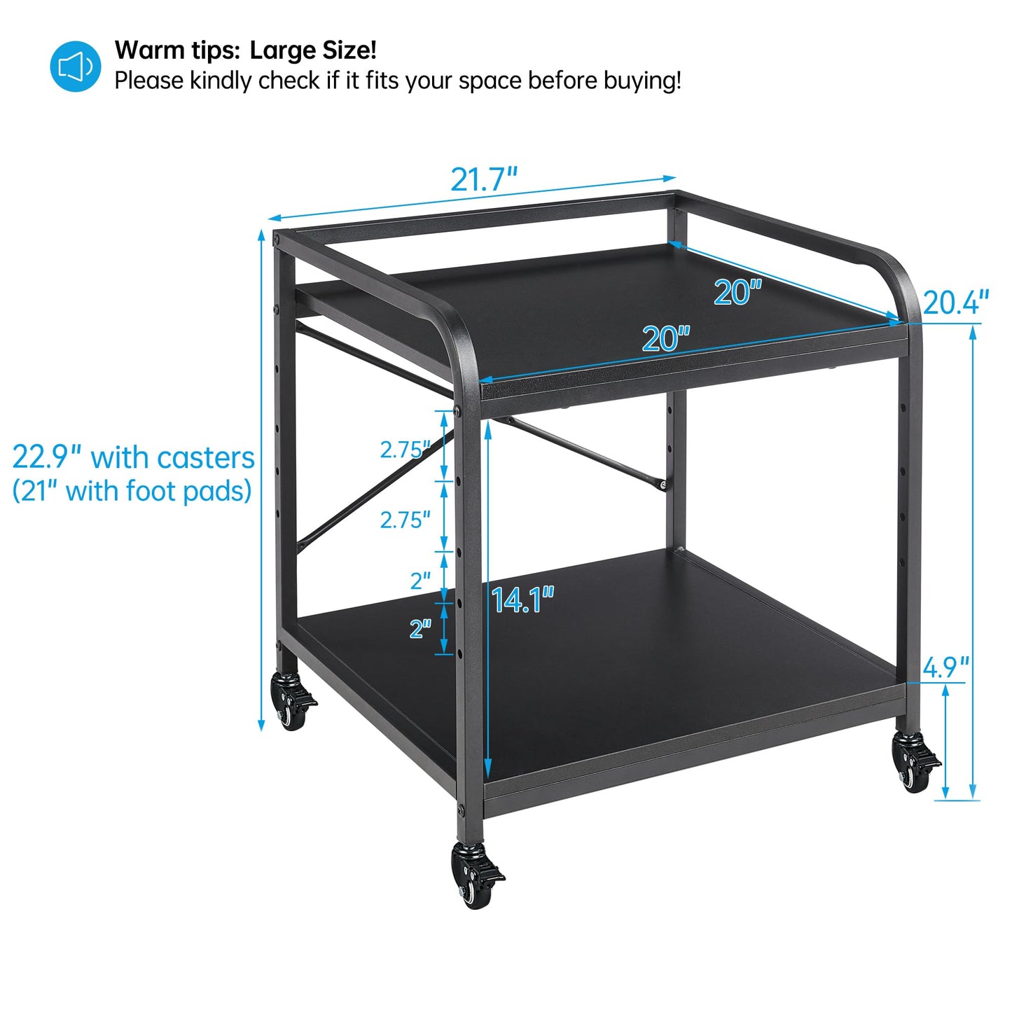 Fannova 2 Tier Under Desk Printer Stand with Storage, 20 Inches Deep Large Printer Table with Height Adjustable Shelf, Rolling Printer Cart with Wheels for Home Office - Black