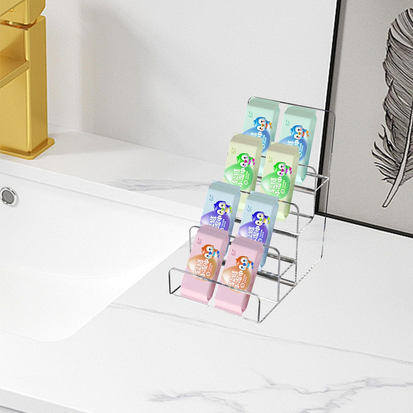 JoyHuaTrade 2 PCS 4 Tier Sticker Display Stand, Clear Stepped Sticker Holder for Vendor Events, Badge Stand Portable Shelf for Greeting Card Postcard Photo Brochure Display