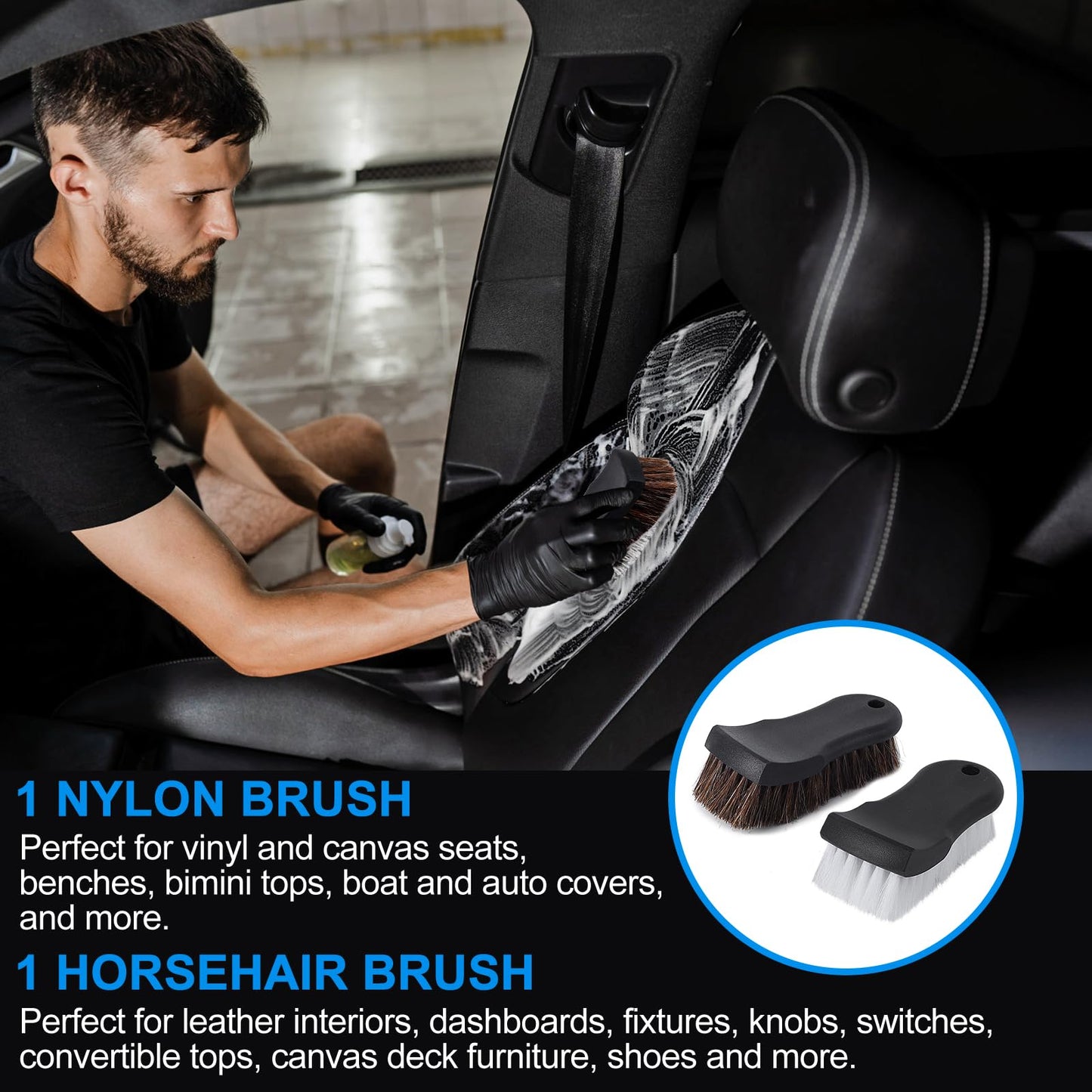 Wiojtry Upholstery Brush, Upholstery Brush Set, Leather Cleaning Brush, Carpet Brush Car Cleaning Brush, Long Bristle Horse Hair Car Cleaning Brush for Car Interior Leather Seat and Home Furniture
