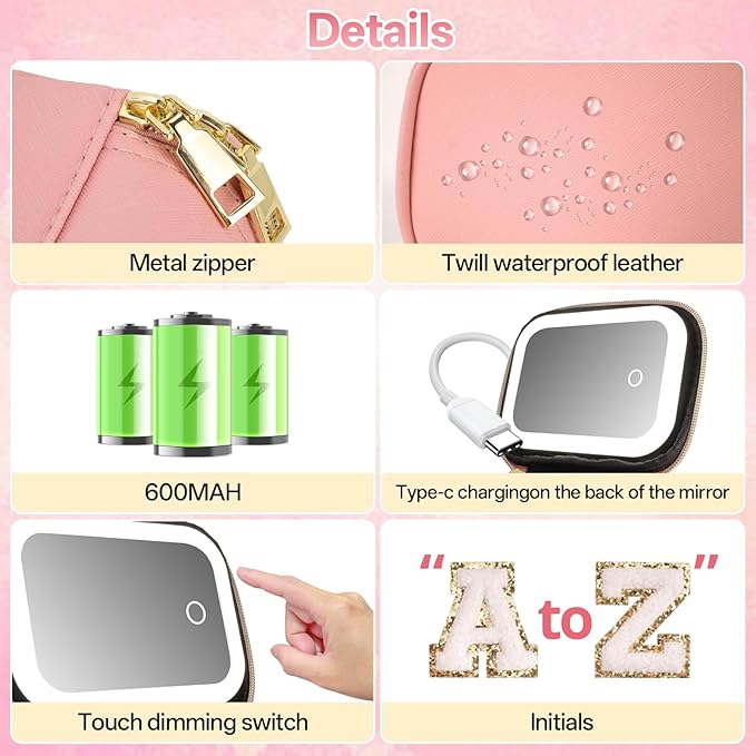 Mini Initial Makeup Bag With Led Mirror With Lights Gifts For Women Girls, Small Makeup Box For Travel Gift, Cosmetic Bag Make Up Organizer Personalized Bags Birthday Christmas Gifts For Women (M)