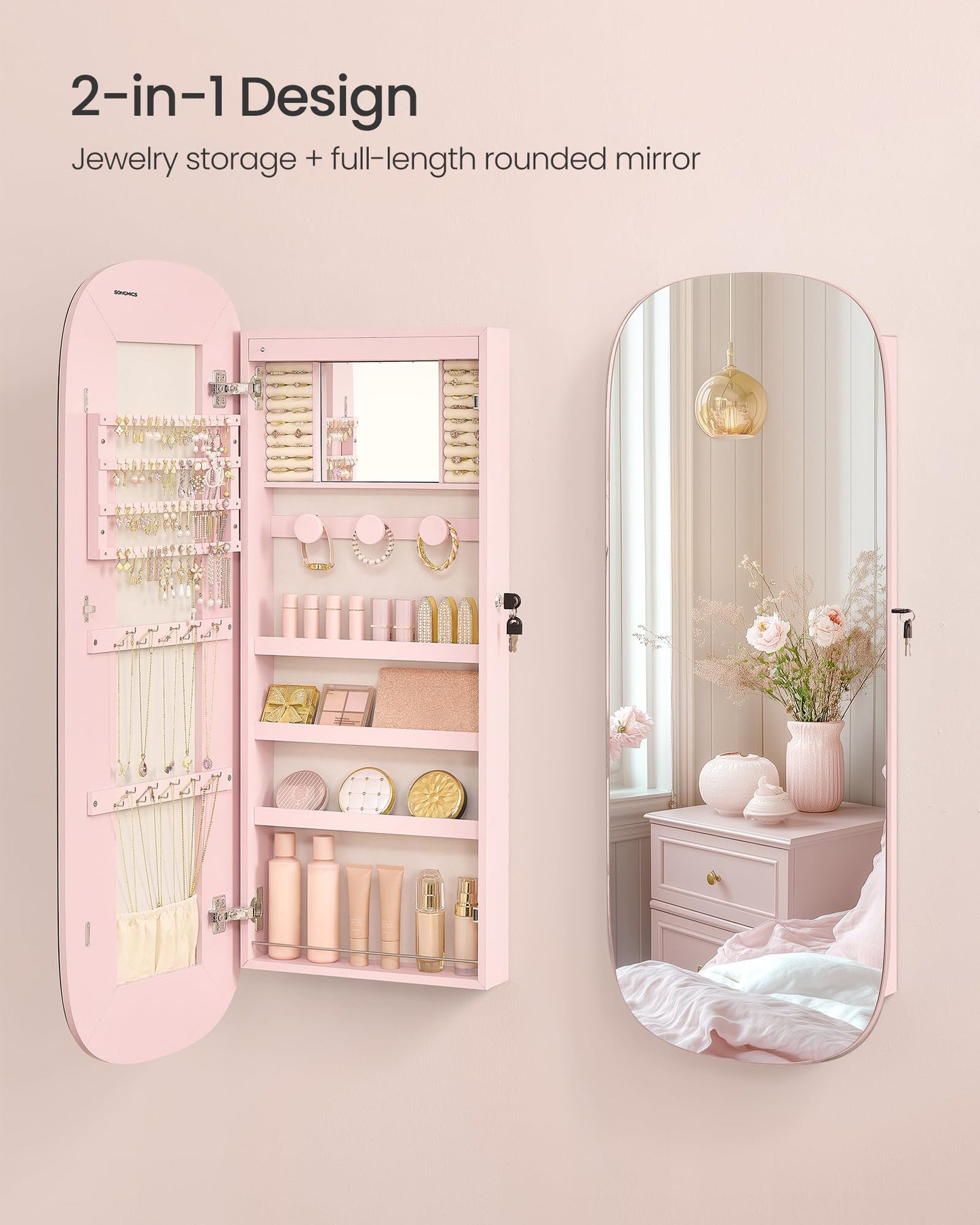 SONGMICS Jewelry Organizer, LED Jewelry Cabinet Wall/Door Mounted, Lockable Rounded Wide Mirror with Storage, Interior Mirror, 3.9 x 16.5 x 42.5 Inches, Jelly Pink Surface with Cream White Lining