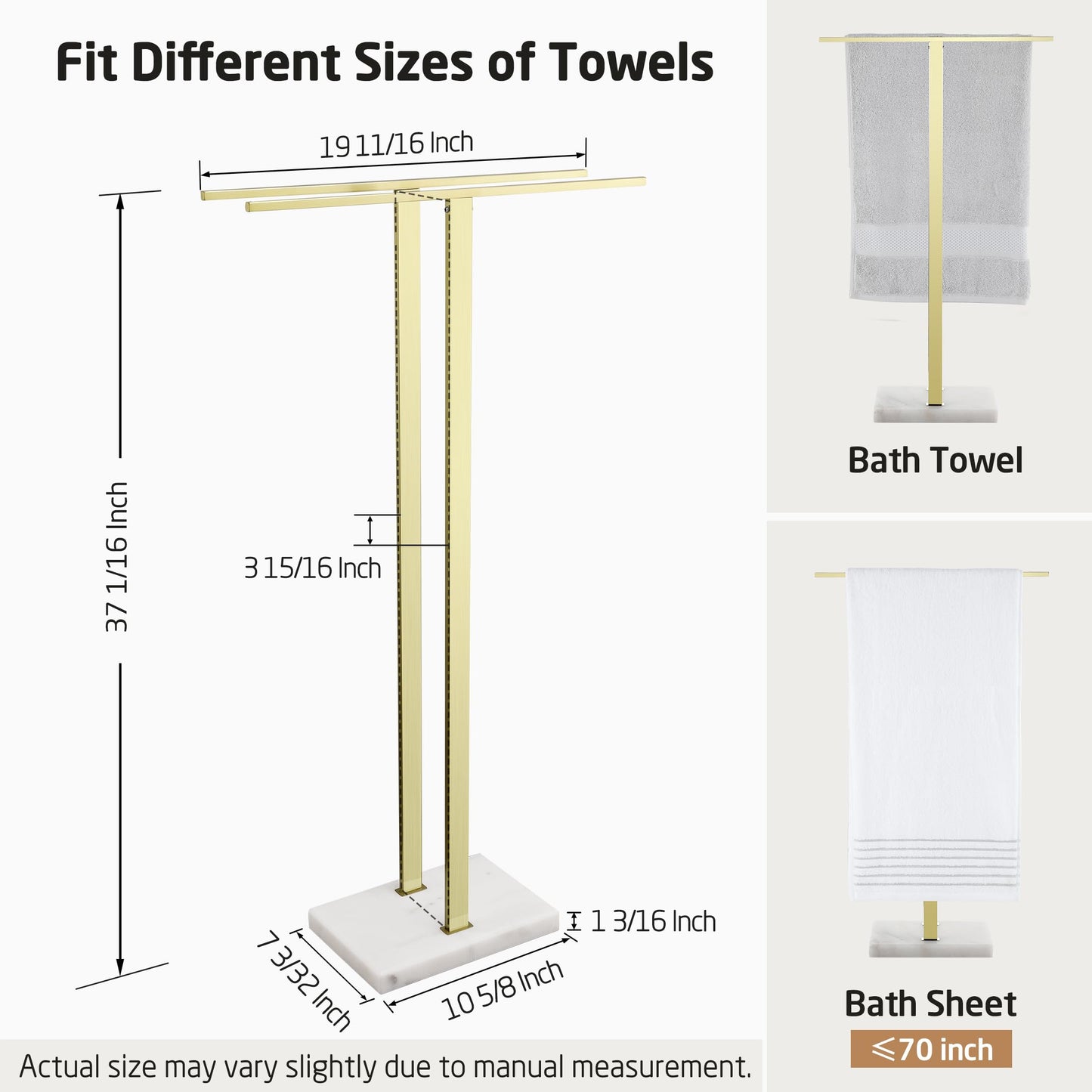 KES Standing Towel Rack with Marble Base, 37" H (Equal Height) Gold Towel Rack for Bathroom Floor, Towel Rack Stand Fits Large Bath Towel, 18/8 Stainless Steel, BTH229-BZ