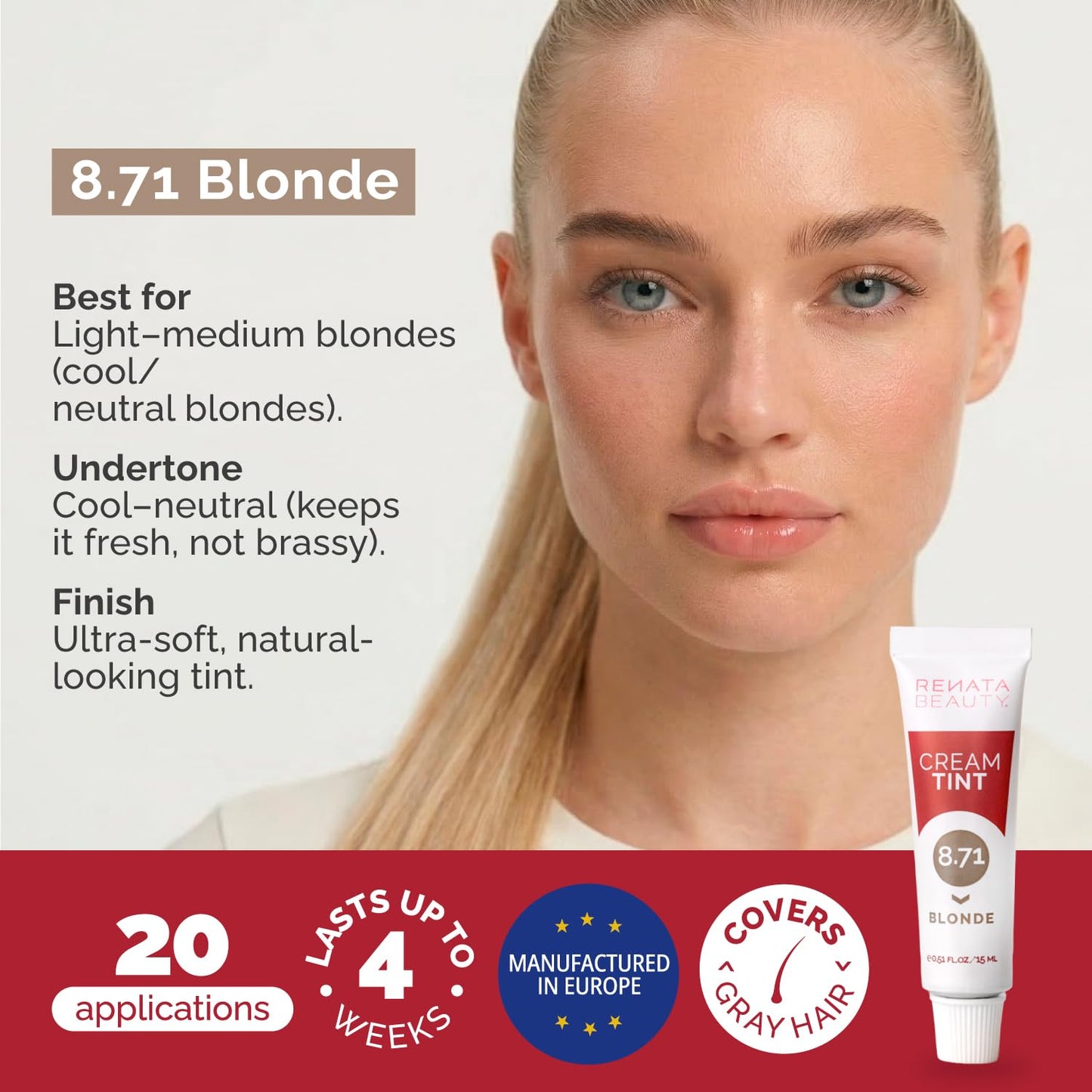 RB RENATA BEAUTY Tint Kit for Spot Coloring – Cream Hair Dye Kit with Developer and Application Brush, Covers Gray Hairs, Smudge-Proof, Long-Lasting Up to 4 Weeks, 20 Applications [Blonde]