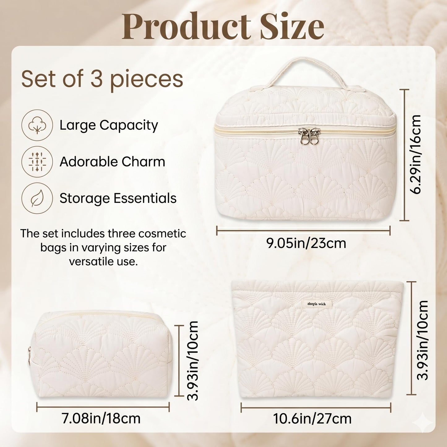 A Lots MiLi 3 Pcs White Shell Quilted Makeup Bag Set - Coquette Cotton Cosmetic Bags for Women, Coastal Makeup Pouch, Large Travel Toiletry Bag for Makeup, Skincare and Purse Essentials