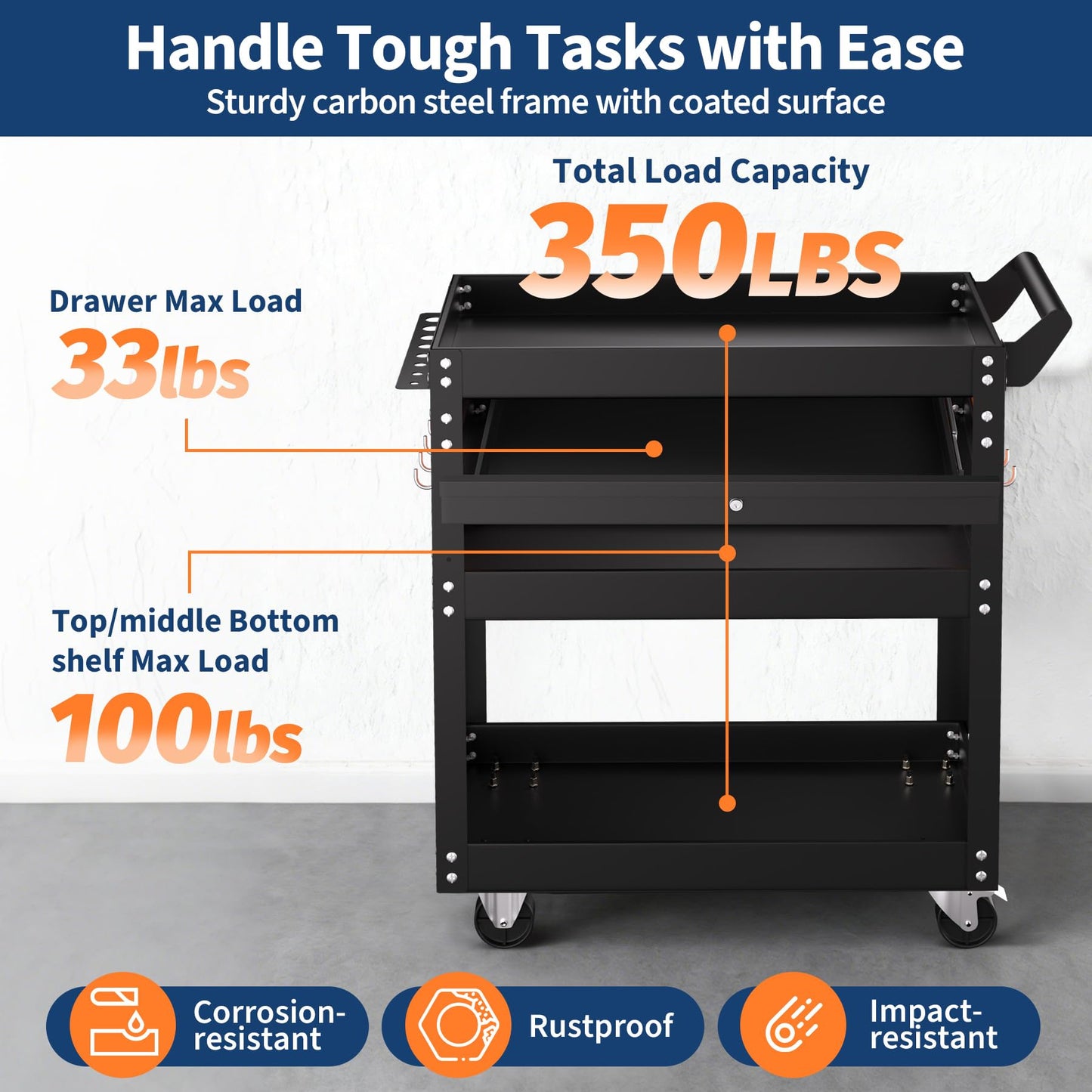 4-Tier Rolling Tool Cart On Wheels, Heavy Duty 350 Lbs Capacity Metal Mechanic Tool Cart with Lockable Drawer & Side Pegboards for Garage Workshop Repair Shop