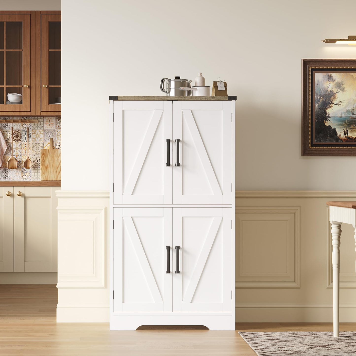 Treocho Narrow Bathroom Floor Cabinet, Farmhouse Bathroom Storage Cabinet with Doors and Adjustable Shelves, Freestanding Kitchen Pantry Cabinet, Cupboard for Living Room, Dining Room, White