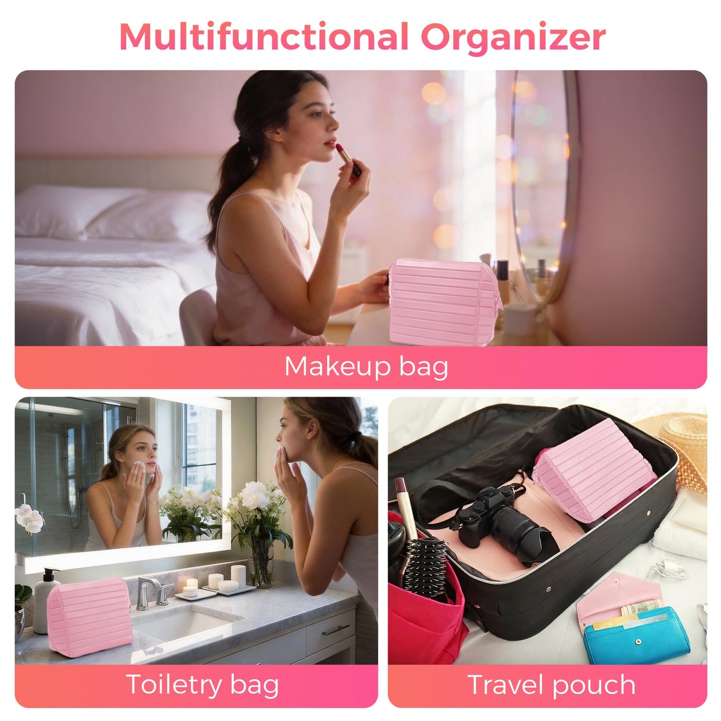 Travel Makeup Organizer Bag with Fold-Down Design and Adjustable Dividers, 27 Pockets & 3 Brush Storage Holders, Large Capacity Cosmetic Bags Toiletry Case - Pink