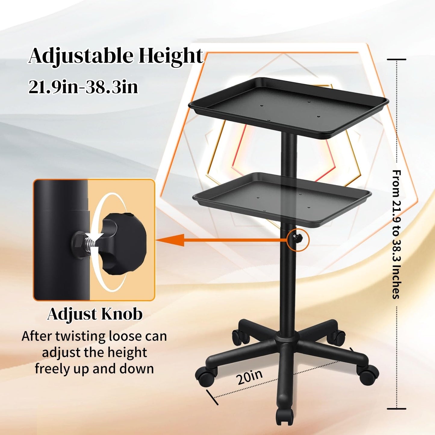 Salon Tray on Wheels, Salon Rolling Tray with Adjustable Height, Hair Stylist Tray, Salon Color Tray Ideal Use As Metal Mayo Stand Tray, Tattoo Tray, Medical Tray, Dental Tray（Black）