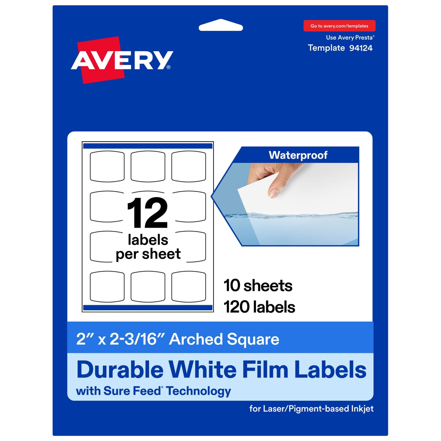 Avery Printable Durable White Arched Square Labels, Sure Feed Technology, 2" x 2-3/16", Print-to-the-Edge, Waterproof Labels, Laser & Pigment-Based Inkjet Compatible, 120 Total