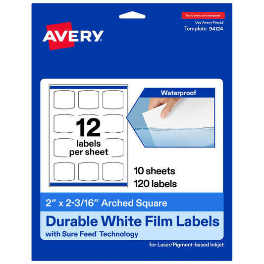Avery Printable Durable White Arched Square Labels, Sure Feed Technology, 2" x 2-3/16", Print-to-the-Edge, Waterproof Labels, Laser & Pigment-Based Inkjet Compatible, 120 Total