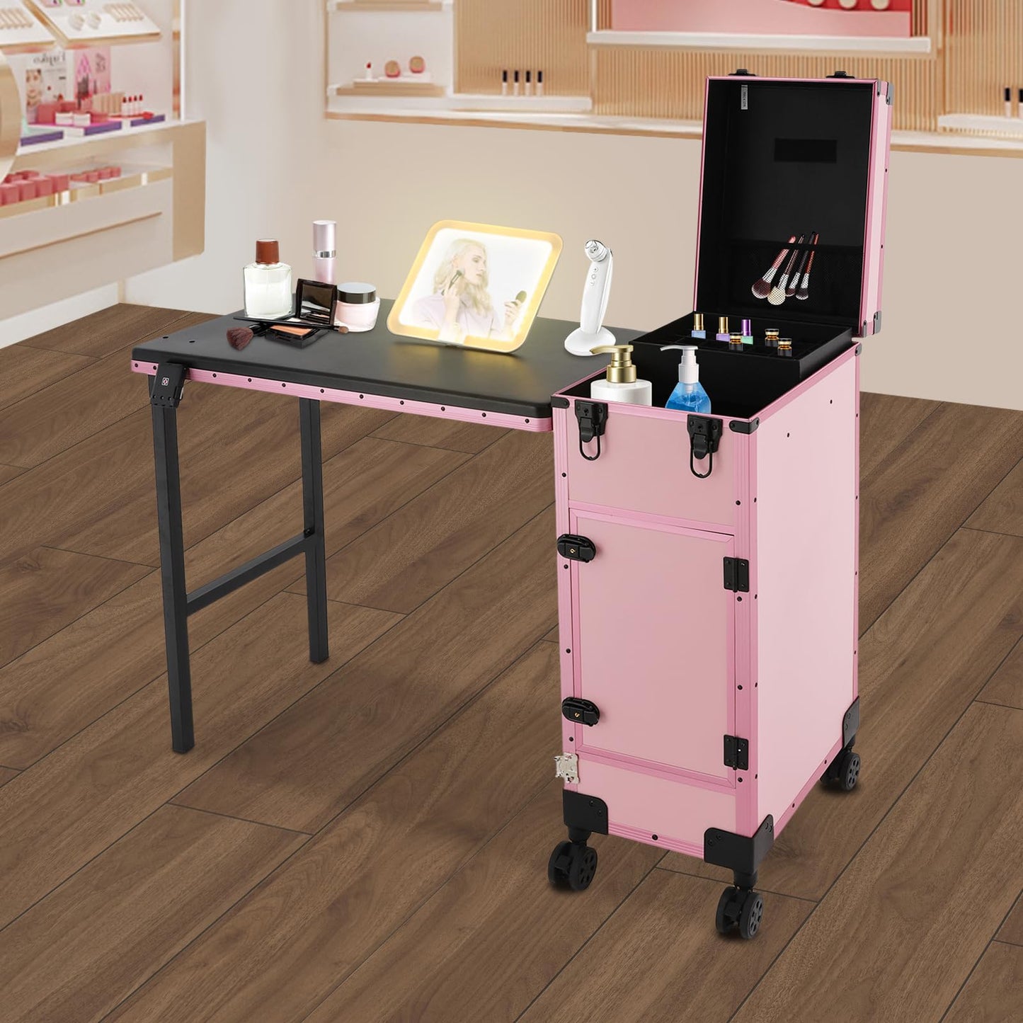 Cbhfmljd Rolling Makeup Case with 3 Drawers, Portable Manicure Table Lockable Makeup Train Case Portable Nail Table with Storage with LED Light & Key for Hair Barbers/Stylists, Makeup Enthusiasts