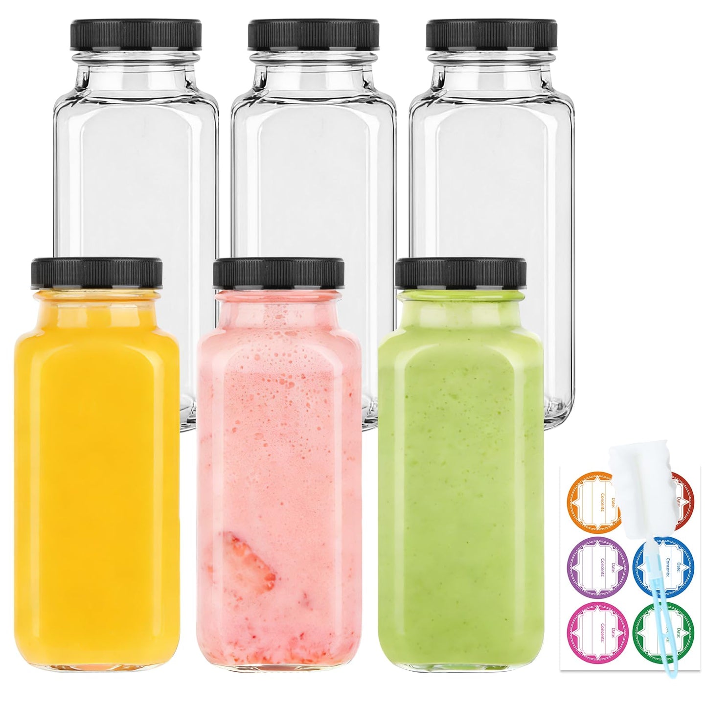 GUANENA 6 Pack Glass Drink Bottles, 8.5 OZ Vintage Square Water Bottles with Lids, Juice Bottles Beverages Containers for Milk, Kombucha, Smoothies