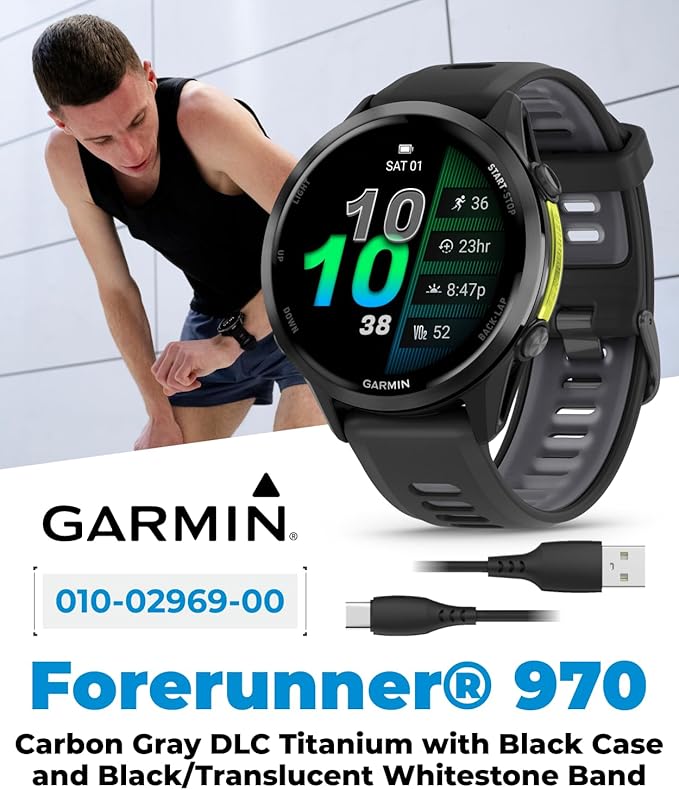 Wearable4U Garmin Forerunner 970 Carbon Gray DLC Titanium Smartwatch with Black Case and Black/Translucent Whitestone Band, AMOLED Display with Garmin HRM 600 M-L Power Bank Bundle