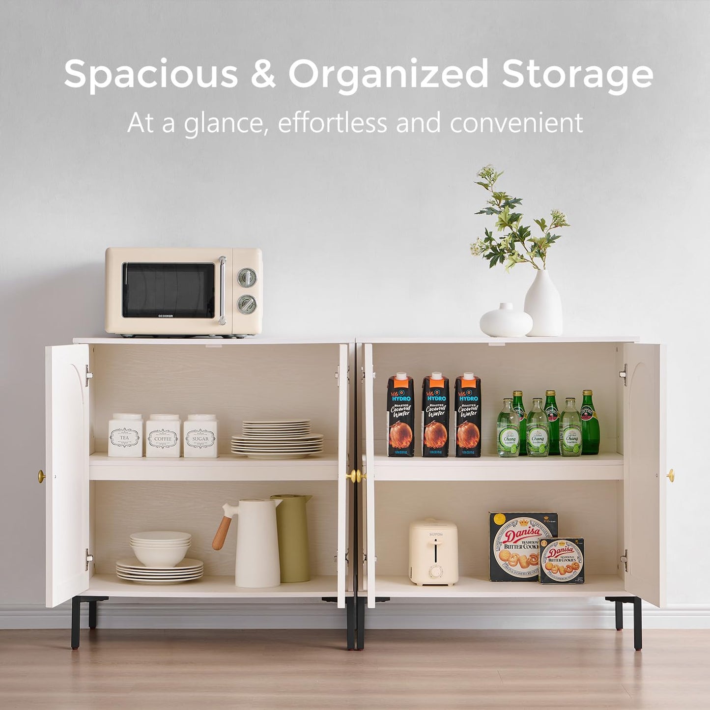 IFGET Modern Buffet Cabinet with Storage, 34" Tall Fluted Arched Sideboard Cabinet w/Adjustable Shelves, Wooden Modular Coffee Bar for Dining Room, Kitchen, Living Room, Entryway, White