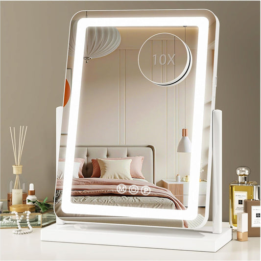 Novlux Vanity Mirror with Lights, 18"x13" Hollywood Lighted Makeup Mirror for Tabletop & Bedroom 3 Color Lighting Modes Smart Touch Control 360° Rotation Detachable
