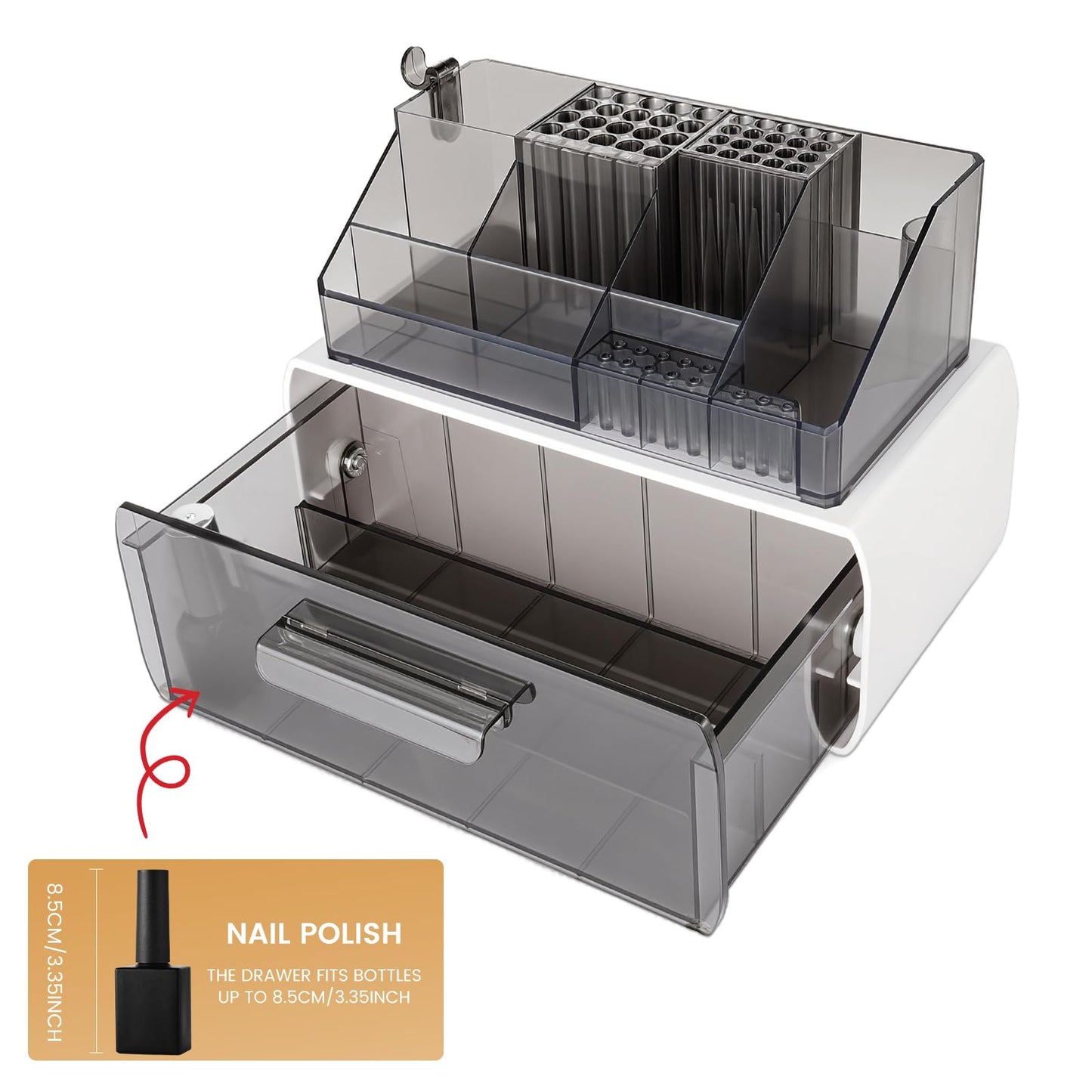 Wilfniee Nail Tech Desk Organizer Case: 2 Layers Nail Tech Organizers with Nail Polish Storage Drawer- 53 Holes Nail Drill Bits & Nail Brushes Pens Holder for Manicure Nail Supplies (Grey)