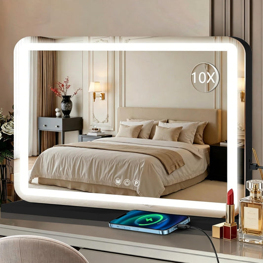 Ratsamee 23"x18" Black Vanity Mirror with Lights, Led Makeup Mirror, Lighted Makeup Mirror with 3 Color Dimmable Lights, Smart Touch Screen Control, Aluminum Metal Frame,USB Charging Port
