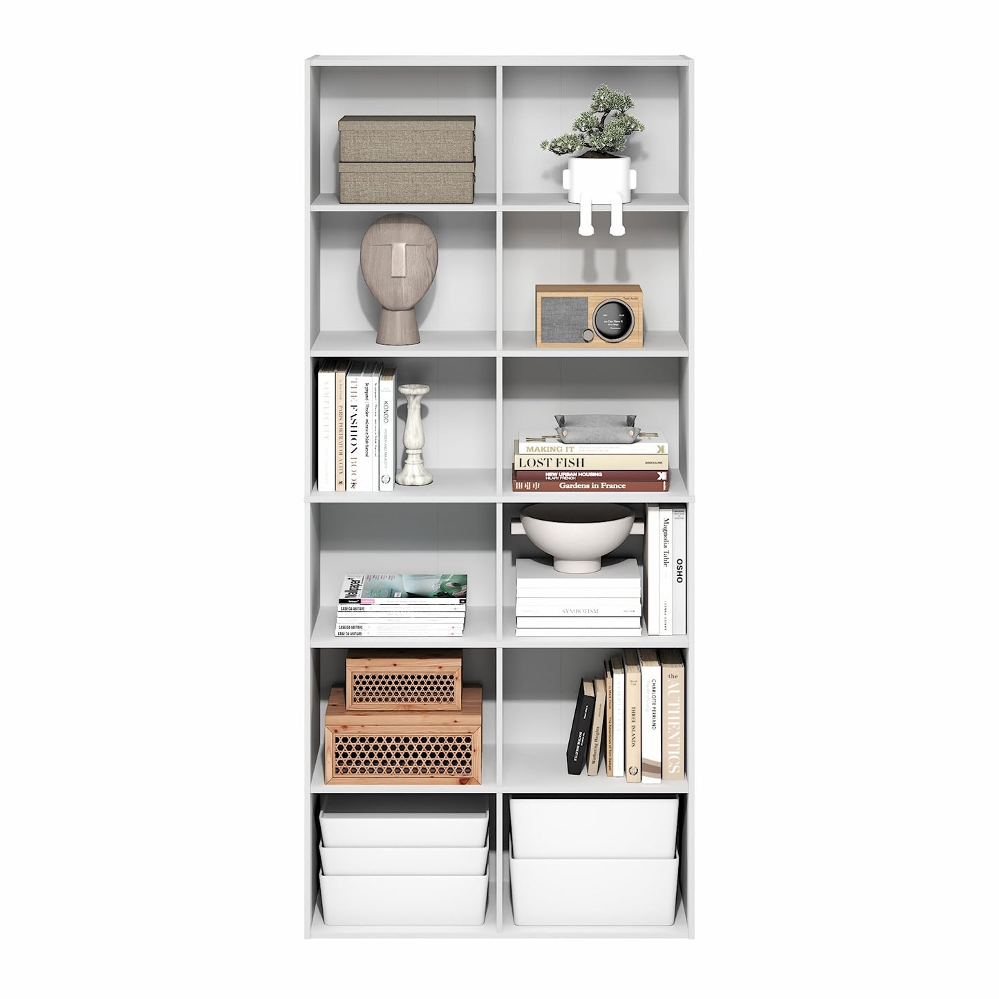 Furinno Basic Book Shelf, 12-Cube Bookshelf, Bookcase with Open Shelf, Cube Storage Organizer, 12 x 32 x 71, for Living Room, Home Office, White