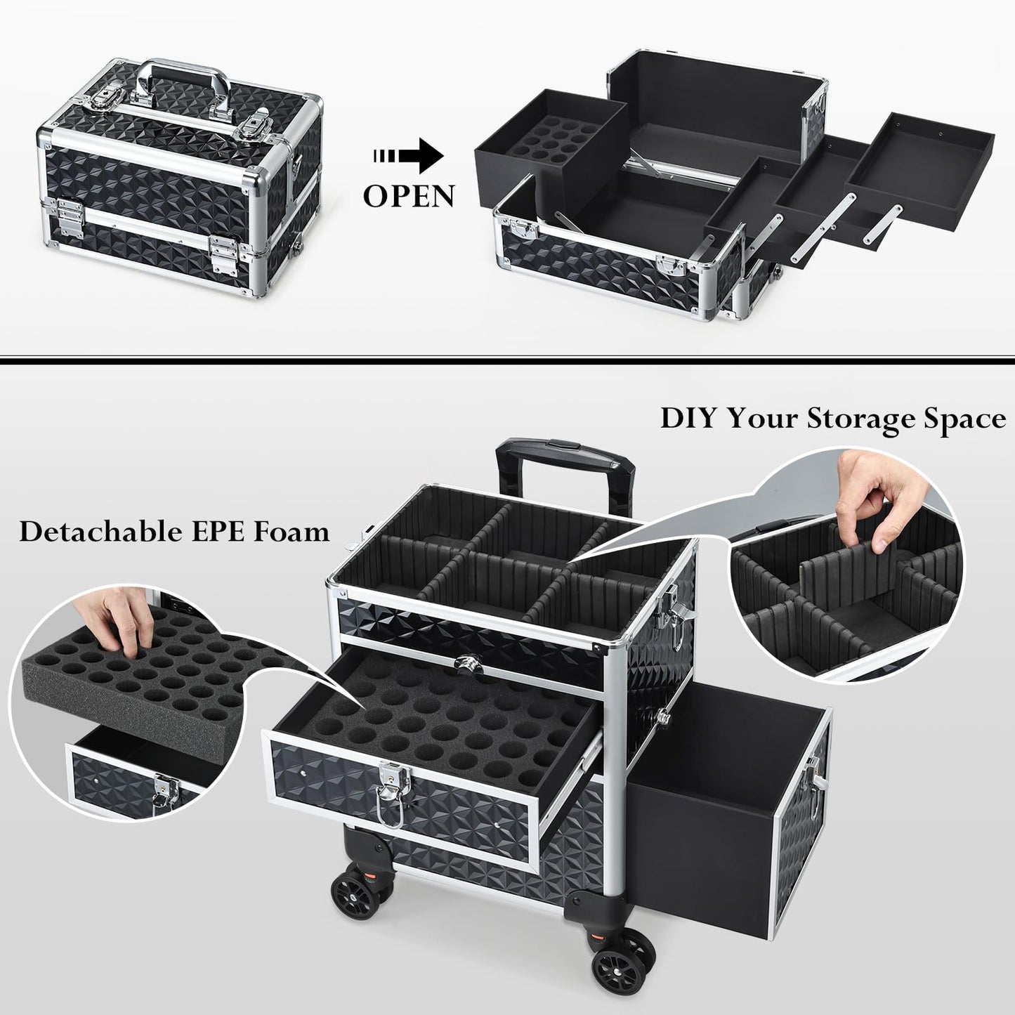 Joligrace Rolling Makeup Case with Drawers - Tattoo Storage Organizer Travel Cart for Nail Tech, Cosmetology, Barber Tools - Portable Suitcase on Wheels