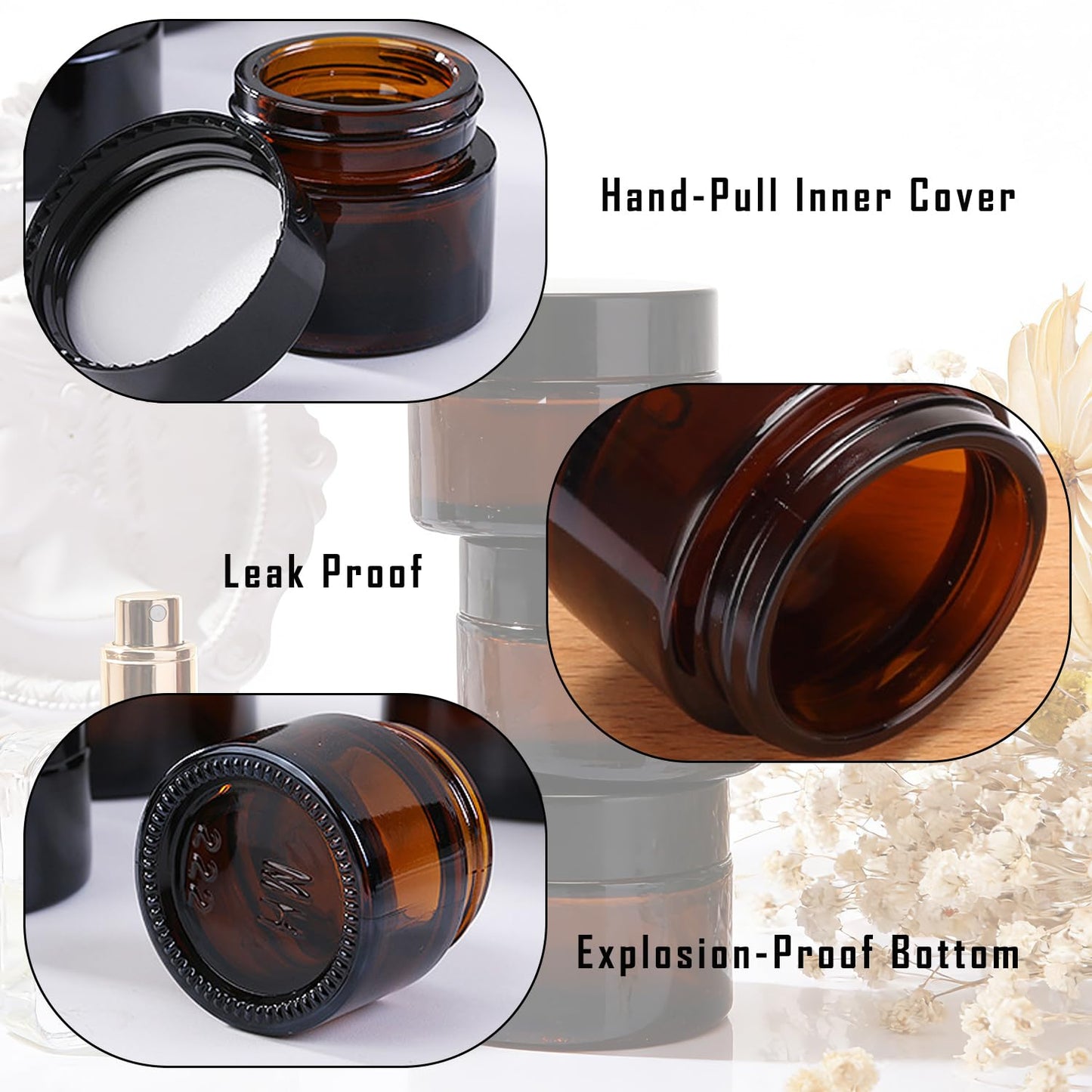 1oz Glass Jar with Lid,45 Pcs Amber Round Containers Cosmetic Glass Jars for Travel Body Scrub, Lotion, Body Butter, Bath Salts