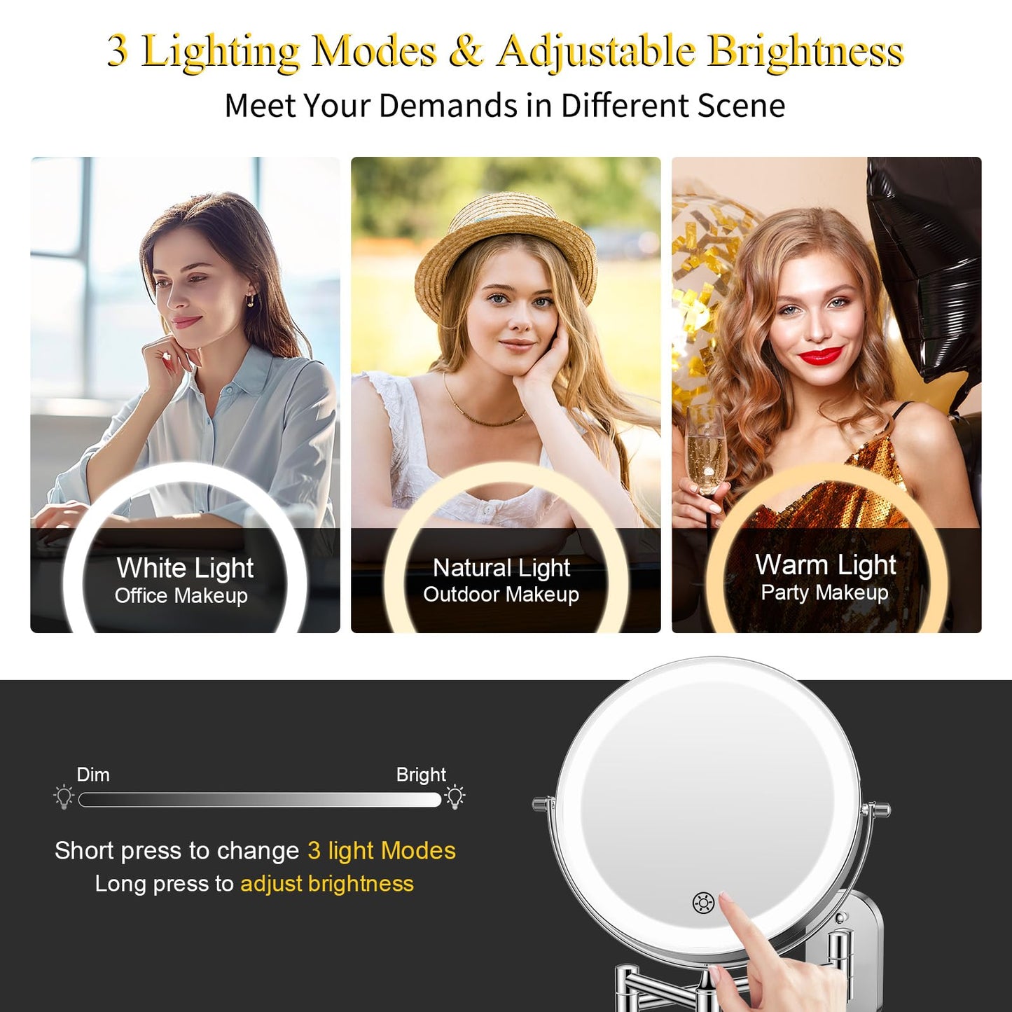 FUNTOUCH Rechargeable Wall Mounted Makeup Mirror with Lights,5000mAh Double Sided 3X/20X Magnifying,3 Color Lights,Touch Dimmable, Extended Arm 360 Rotation Lighted Bathroom Mirror with Magnification