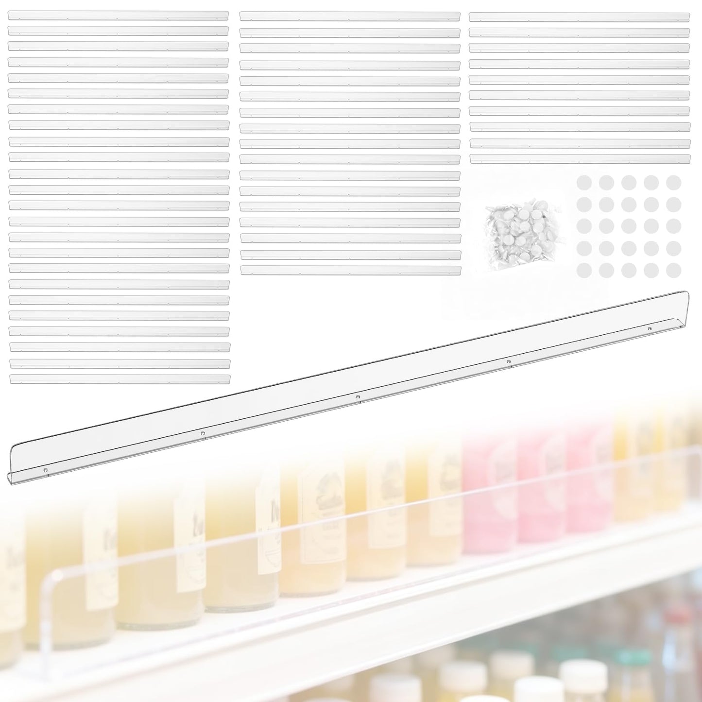 Nalwort 52 Pcs Retail Gondola Shelving Front Fence, Clear PET Shelf Fence with 1/4" Holes and Screws, Front Lips Barrier for Retail Store Display Rack, 3" H x 48" L