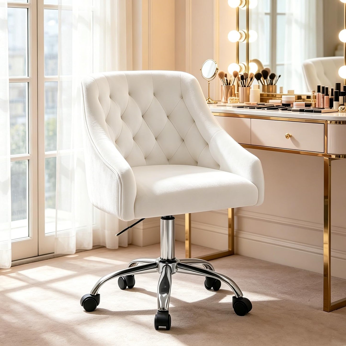 MOJAY Velvet Office Swivel Chair, Vanity Fabric Desk Pretty Fancy Gold Office Chairs for Girls, 360°Swivel Height Adjustable Reception Chair (White)