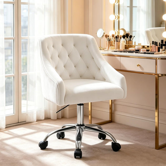 MOJAY Velvet Office Swivel Chair, Vanity Fabric Desk Pretty Fancy Gold Office Chairs for Girls, 360°Swivel Height Adjustable Reception Chair (White)