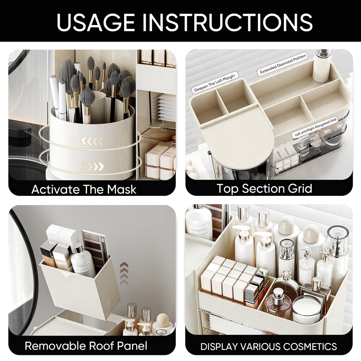 TIMBERHIDE Makeup Organizer,Rotating Cosmetic Storage Organizer with Drawers,Large Capacity Makeup Brush Holder,Skincare Vanity Organizer for Bathroom Countertop, White