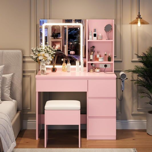 Makeup Vanity Desk with Lighted Mirror, Dressing Table Set with 4 Drawers, Power Outlet, Storage Stool, Storage Shelves, Vanity Mirror 3 Lighting Color Adjustable, Vanity Set for Bedroom, Pink