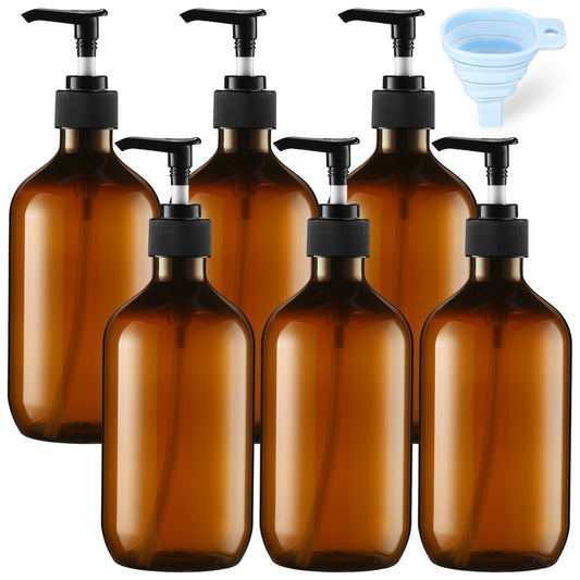 Sliner 6 Pcs Shampoo and Conditioner Dispenser Bottles 16.9 oz Plastic Shower Bottles with Pump and 1 Silicone Funnel Reusable Hand Soap Containers for Bathroom Shower(Amber)