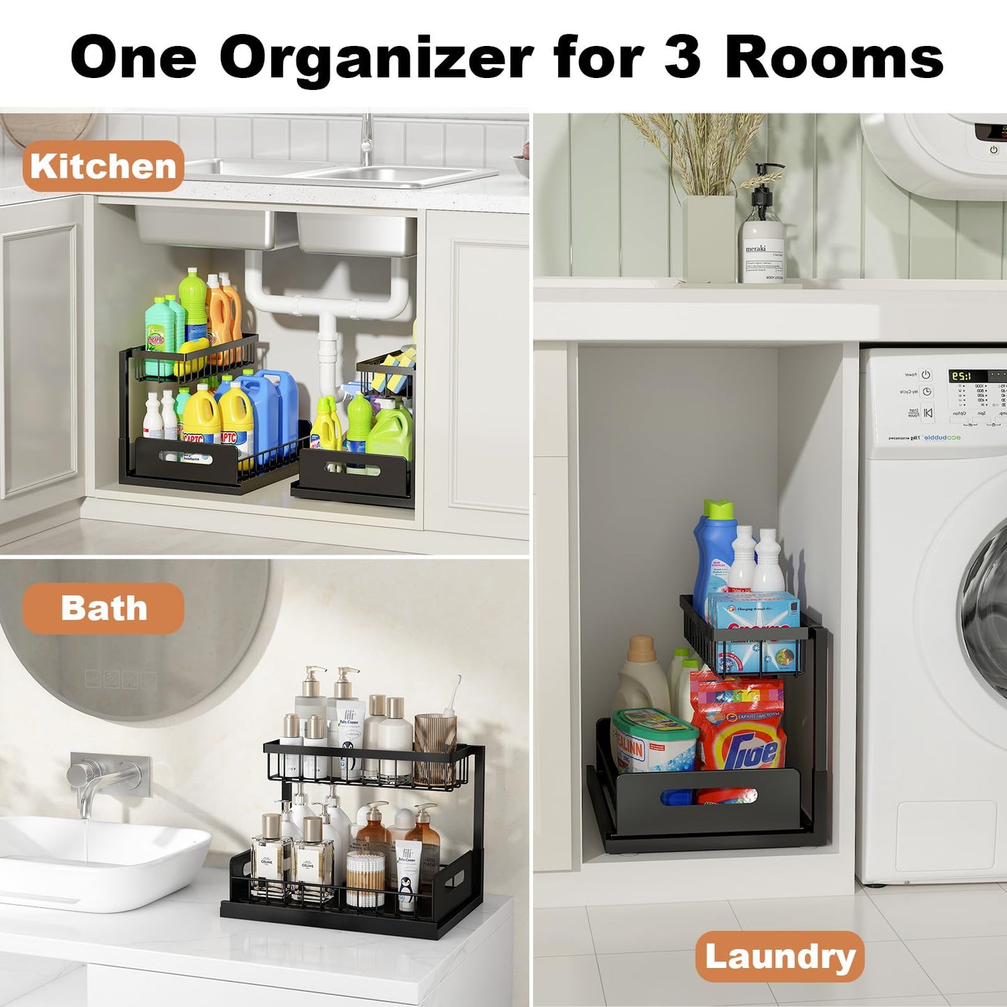 REALINN Under Sink Organizer, L-Shaped 2 Tier Pull Out Cabinet Organizer for Kitchen and Bathroom, Slide Out Under Cabinet Storage, Metal Under Sink Storage with Sliding Drawer, 50 lbs, Black 2 Pack