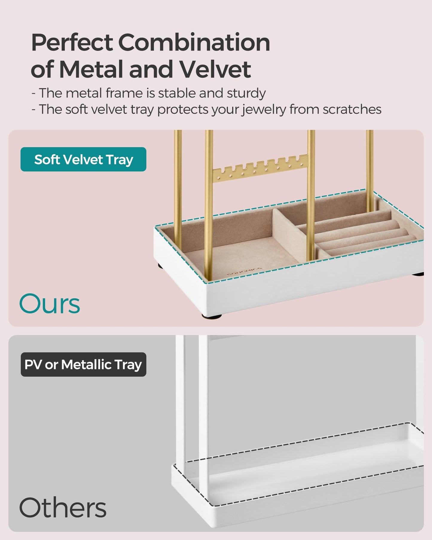 SONGMICS Set of 2 Jewelry Holders, Jewelry Organizers Display Stands with Metal Frame, Velvet Tray, Necklace Earring Bracelet Holders, for Studs, Rings, Gift Idea, Pale Gold UJJS021A01V1-2J