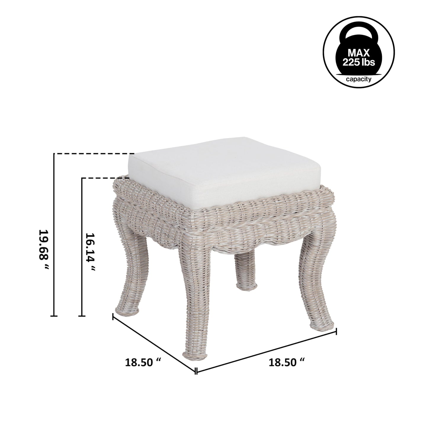 JONATHAN Y Rowan Woven Rattan Vanity Stool with White Cushion, 18.5" Coastal Backless Makeup Chair for Bedroom & Bathroom, Gray White Wash Mango Wood Wicker Ottoman Footrest VSL1000C