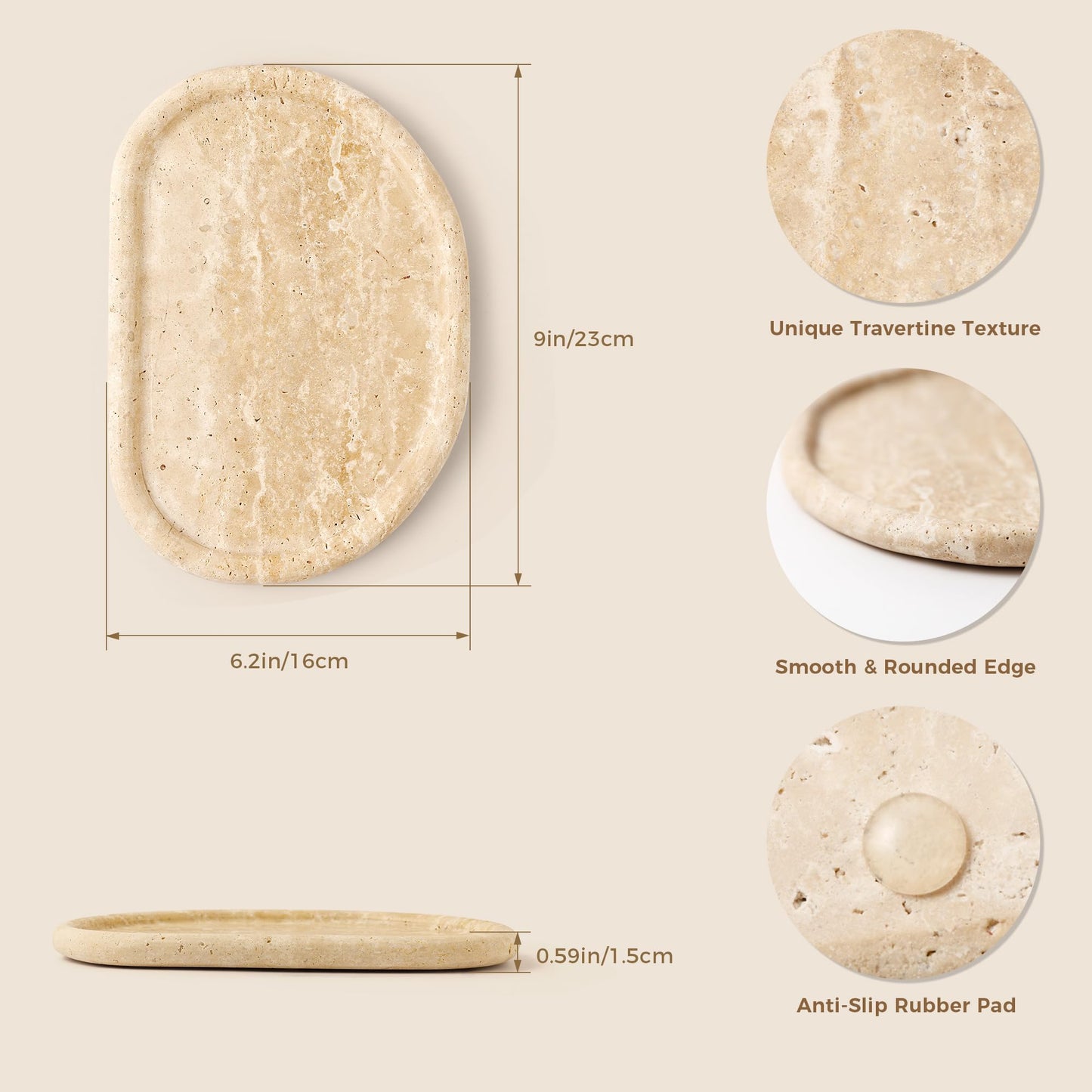 N NANSHOP Natural Travertine Tray, Special-Shaped Jewelry Tray, Marble Ring Dish for BathroomCountertop, Nightstand,Dressing Table, Bedside Table, Home Decor, Beige(Middle)(NS025)