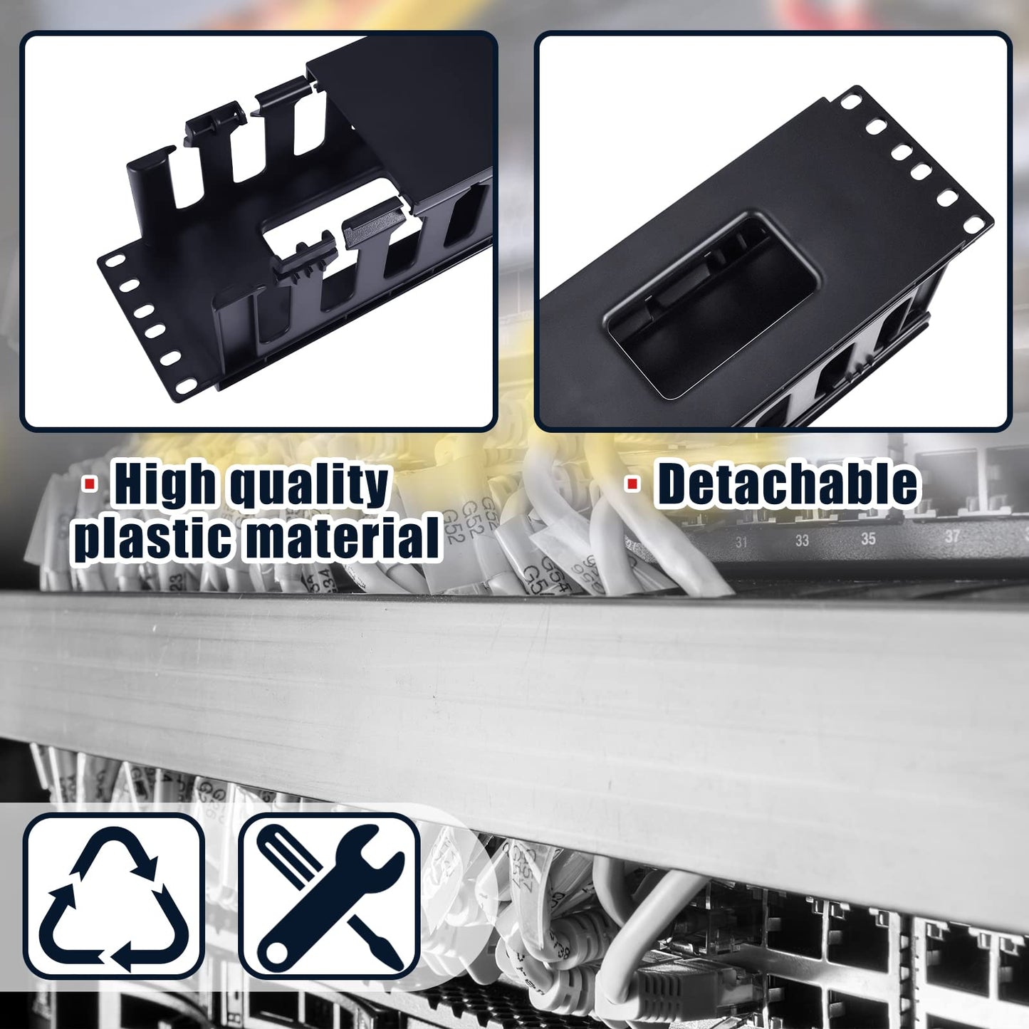 Taiyin 2 Pcs 2u 19 Inch Horizontal Cable Management Panel, 12 Slot Rack Cable Organizer with Removable Cover for Server & Network Rack
