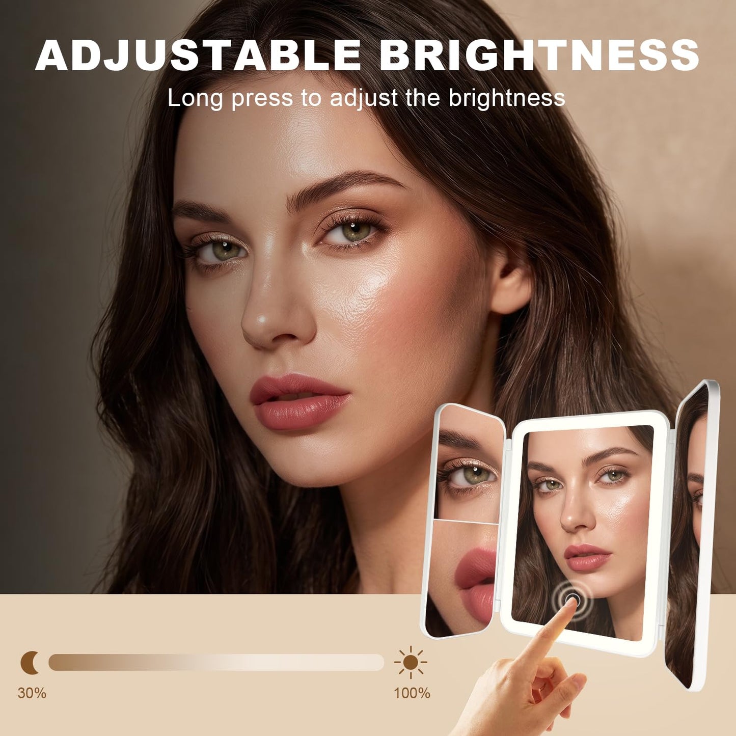 Hoxutym Makeup Mirror with Lights, 3000mAh 3X/2X/1X Magnification Vanity Mirror with Suction&Stand Base, 360° Adjustment Rechargeable Trifold Mirror for Travel/Bedroom/Dorm, Gifts for Women, Girls