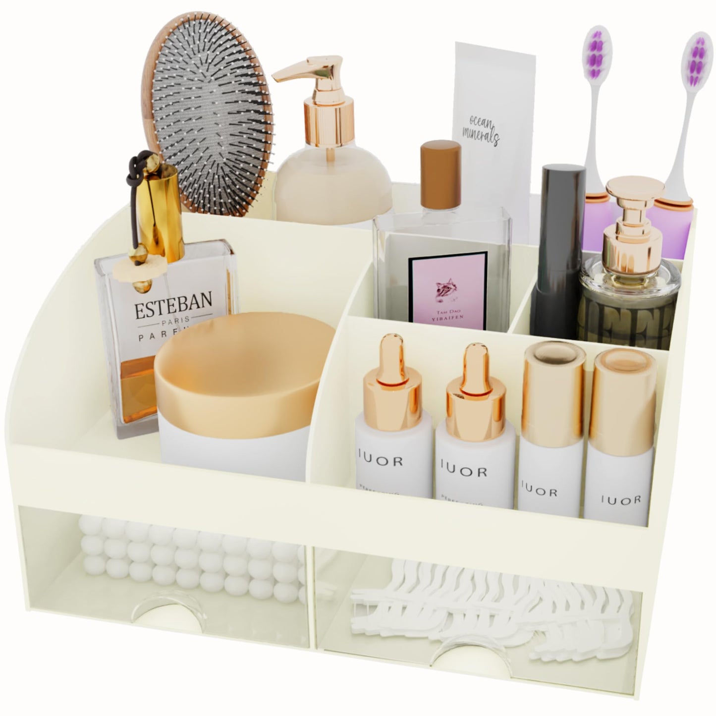Makeup Organizer with Drawers, Cosmetic Storage for Dresser Vanity and Bathroom Countertop, Beauty Holder for Lipstick Brush, Skincare Organizer for Vanity, Cosmetic Display Case (Ivory)