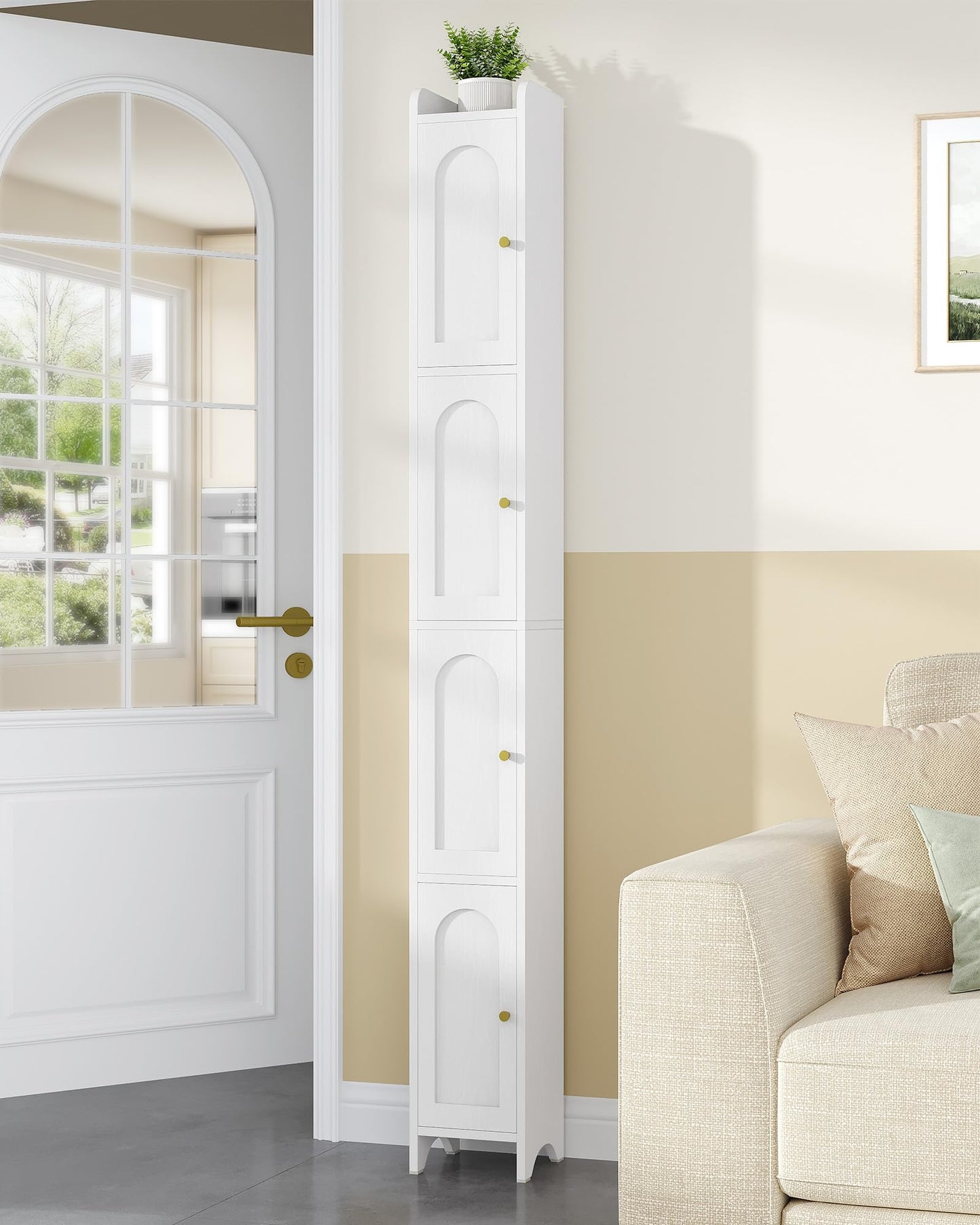 Hzuaneri 70.9" H Bathroom Storage Cabinet, Tall Corner Cabinet with 4 Doors and Adjustable Shelf, Slim Freestanding Floor Cabinet with Arched Door for Small Spaces, 7.9" D x 7.9" W x 70.9" H White