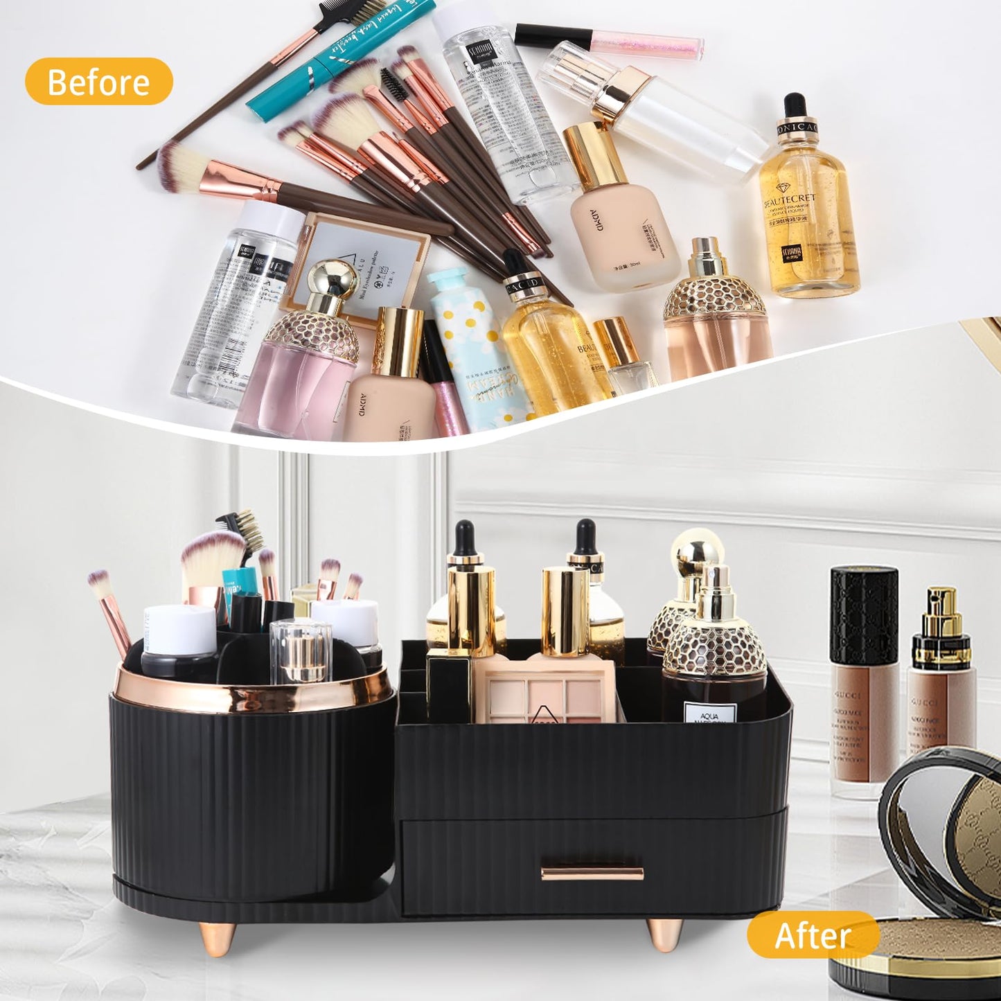 Zufudo Makeup Organizer Countertop with Drawer 360 Rotating Brush Holder Storage Large Capacity Skincare Cosmetic Display Cases for Vanity Bathroom Desktop, Model 3016 Black