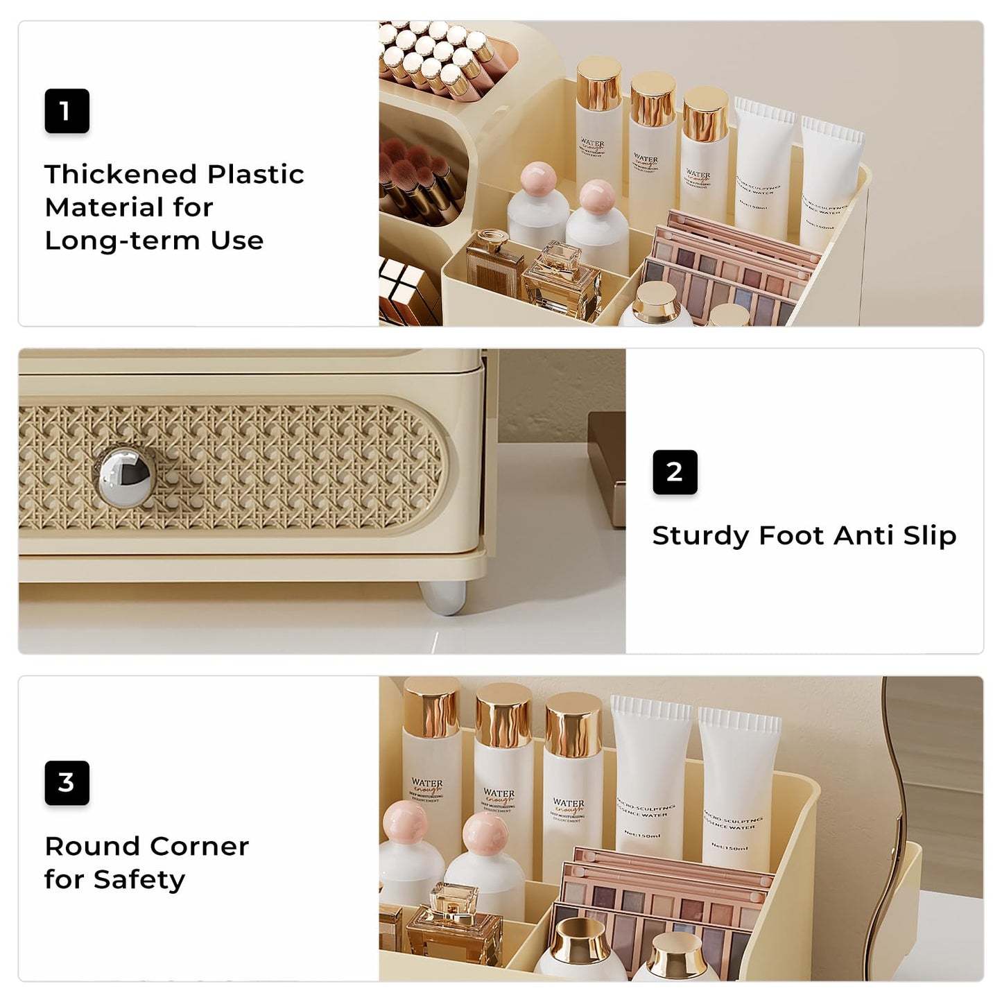 UFORU Makeup Organizer for Vanity with Brush Holder, Large Capacity Bathroom Countertop Skincare Organizer with 2 Drawers, Cosmetic Display Case for Perfumes, Eyeshadow Palettes, Nail Polishes
