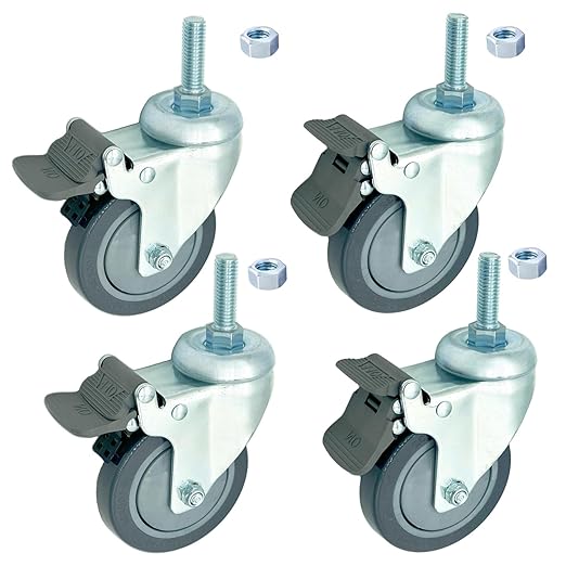 4 inch Swivel Caster Wheels Heavy Duty with Nylon Brake, 3/8"-16x1 Threaded Stem Casters Set of 4, Polyurethane Grey PU Wheels for Hospital, Lab, Furnitures,Restaurant