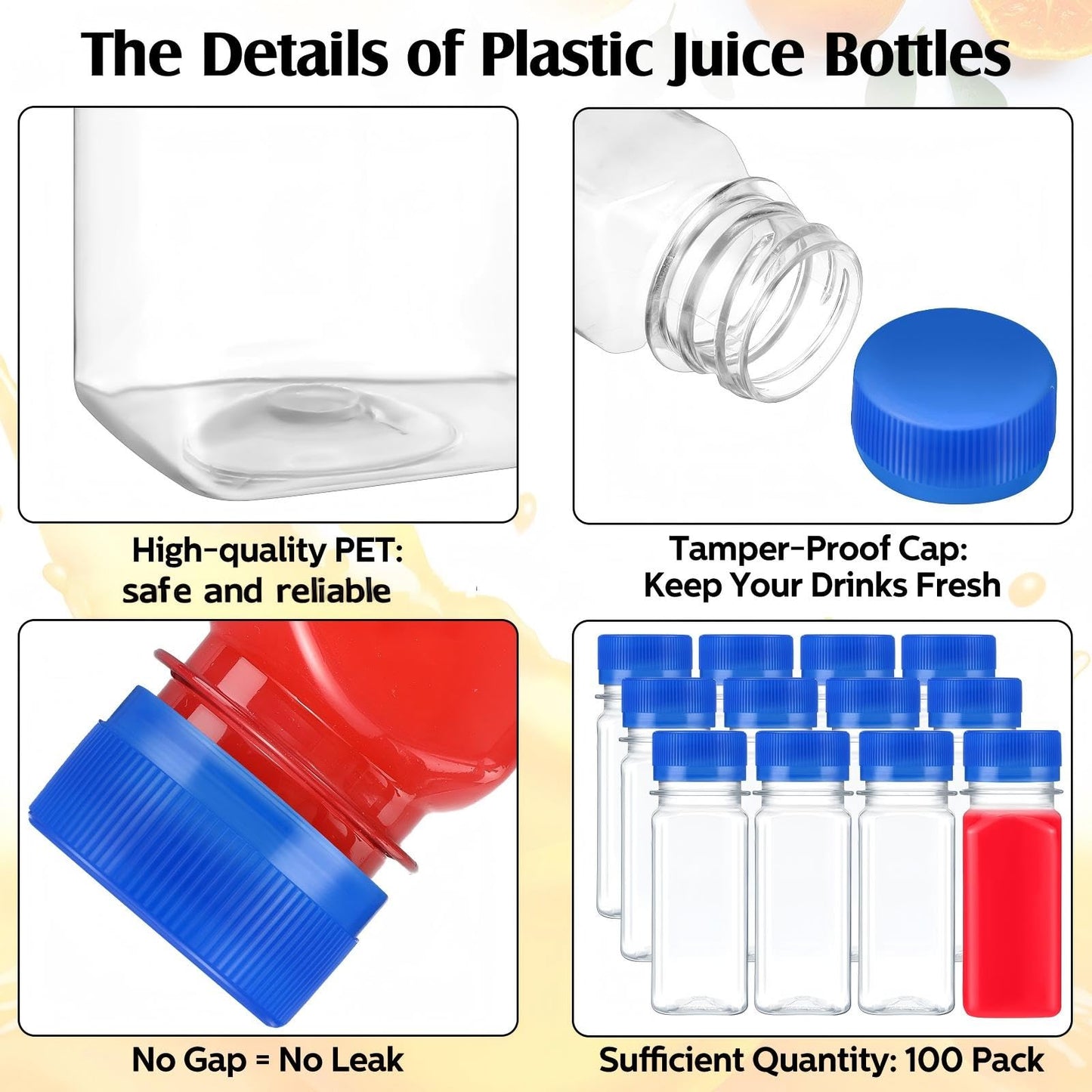Roshtia 100 Pcs 2oz Small Clear Plastic Juice Bottles with Lid for Liquids Reusable Ginger Shots Bottle Vial Beverage Container Leak Proof Mini Jars for Juice, Milk, Water(Blue)