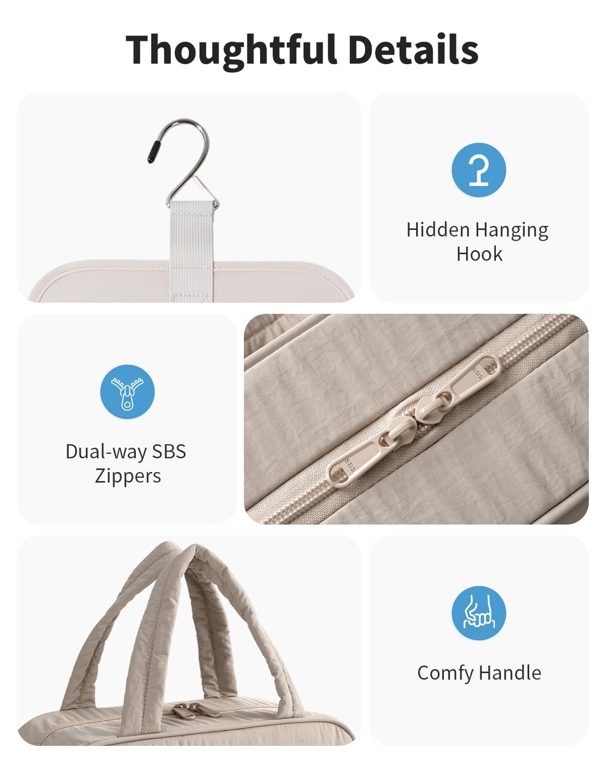 Narwey Hanging Travel Toiletry Bag for Women, Quilted Makeup Bag Organizer with Handle, Travel Bathroom Bag, Portable Toiletries Bag for Essentials, Accessories, Brushes, Cosmetics (Khaki)