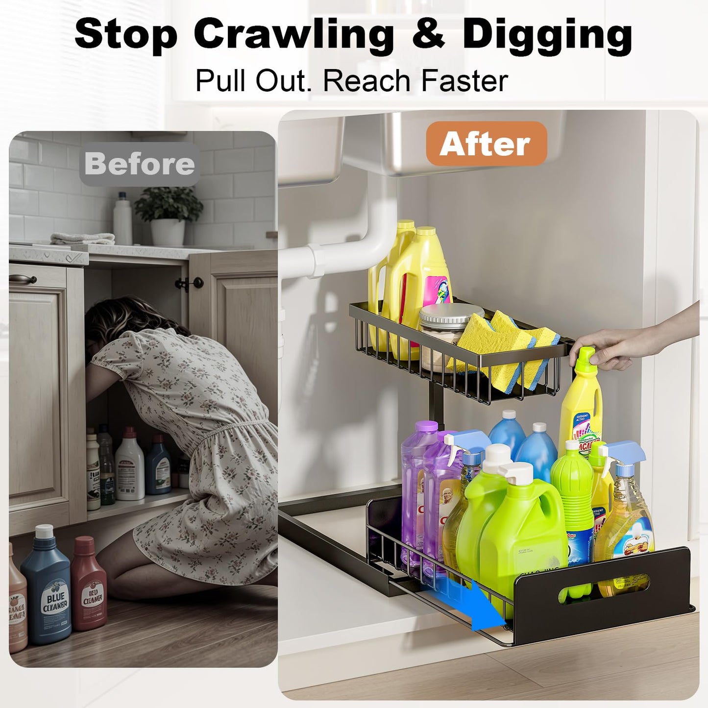 REALINN Under Sink Organizer, L-Shaped 2 Tier Pull Out Cabinet Organizer for Kitchen and Bathroom, Slide Out Under Cabinet Storage, Metal Under Sink Storage with Sliding Drawer, 50 lbs, Black 2 Pack