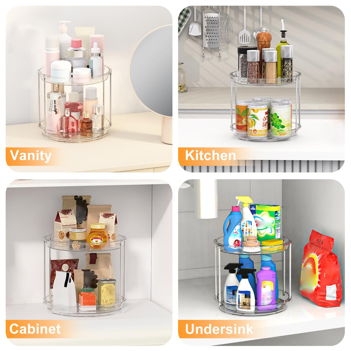 360 Rotating Makeup Organizer – 2 Tier Lazy Susan Turntable Organizer, Clear Bathroom Counter Organizer for Vanity, Spinning Skincare Perfume Tray for Bathroom, Dresser, Kitchen Cabinet