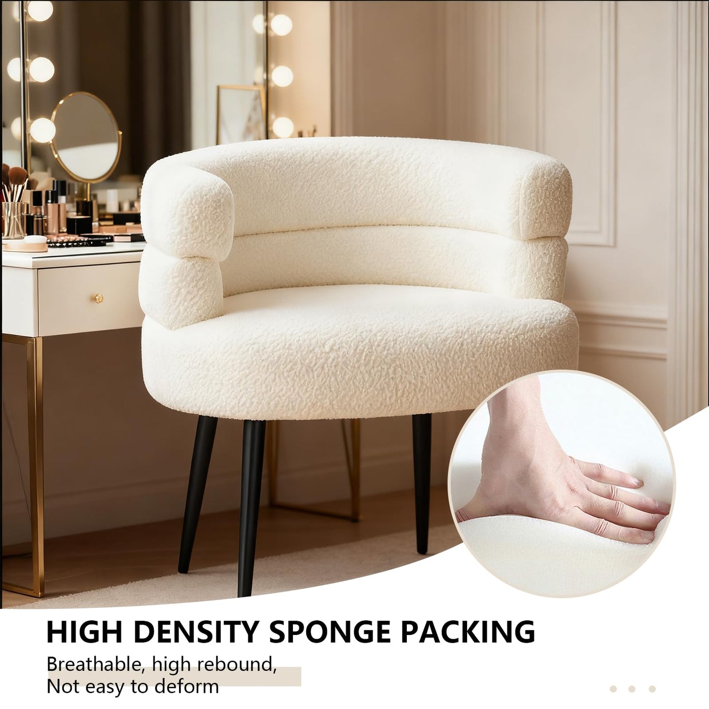 CHIQUERID Makeup Vanity Chairs with Back,Office Desk No Wheels,Comfy Fabric Easy to Install for Living Room,Bedroom,Home,Office,Dressing Room-Beige White