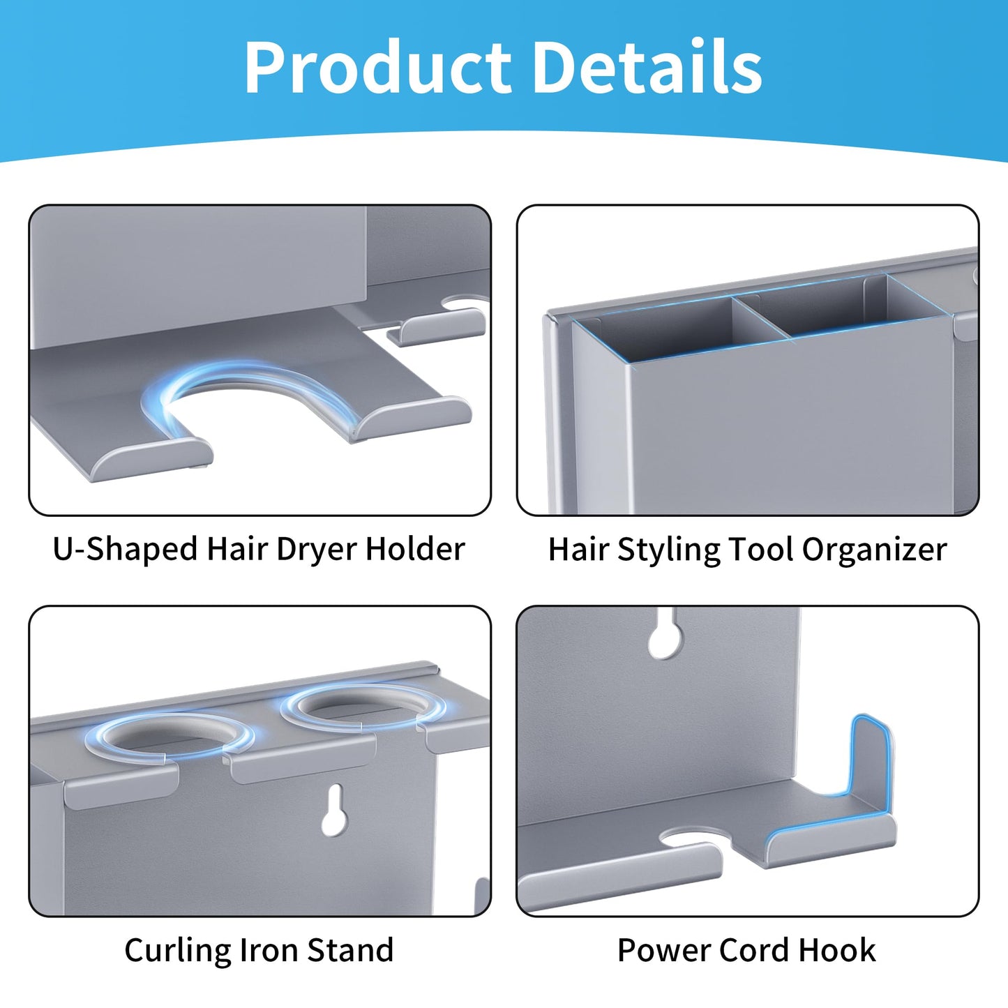 BOIVSHI Blow Dryer Holder, 2 Installation Methods (Adhesive & Screws) Hair Dryer Holder Wall Mounted, Metal Hair Tool Organizer for Curling Iron, Straightener, Bathroom Wall Organizer, Gray