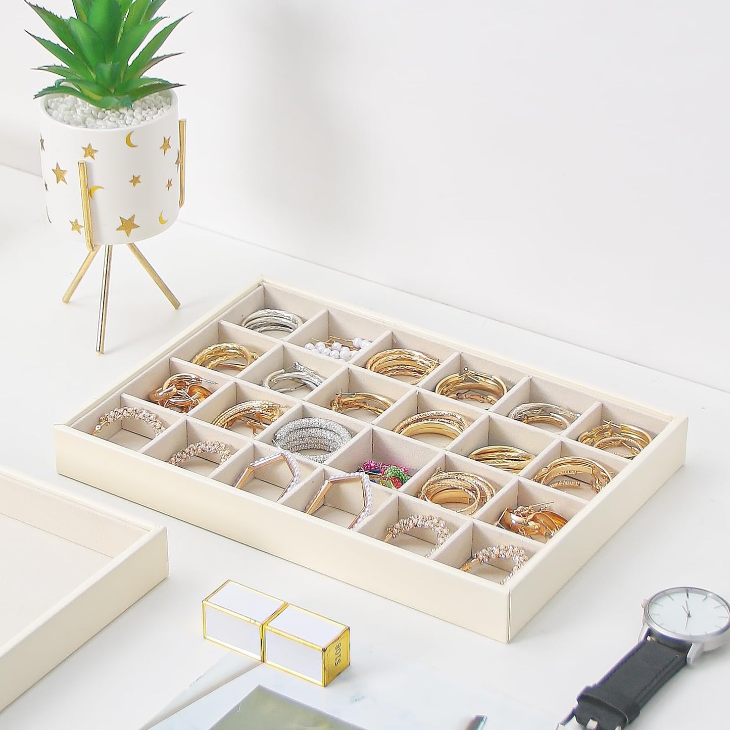 Ausalivan Stackable Jewelry Organizer Tray For Drawers,White Leather Small Earring Storage Tray,Bracelet And Necklace Display Box,Jewelry Ring Display Case (24 Grids)
